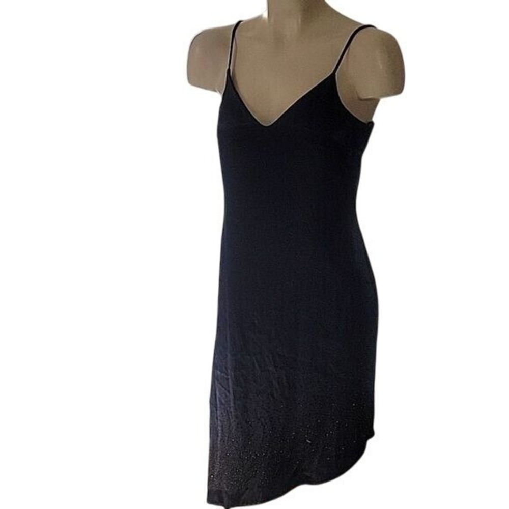 Vintage Black Rhinestone Hem Slip Dress V-Neck Spaghetti Strap Midi Size 3